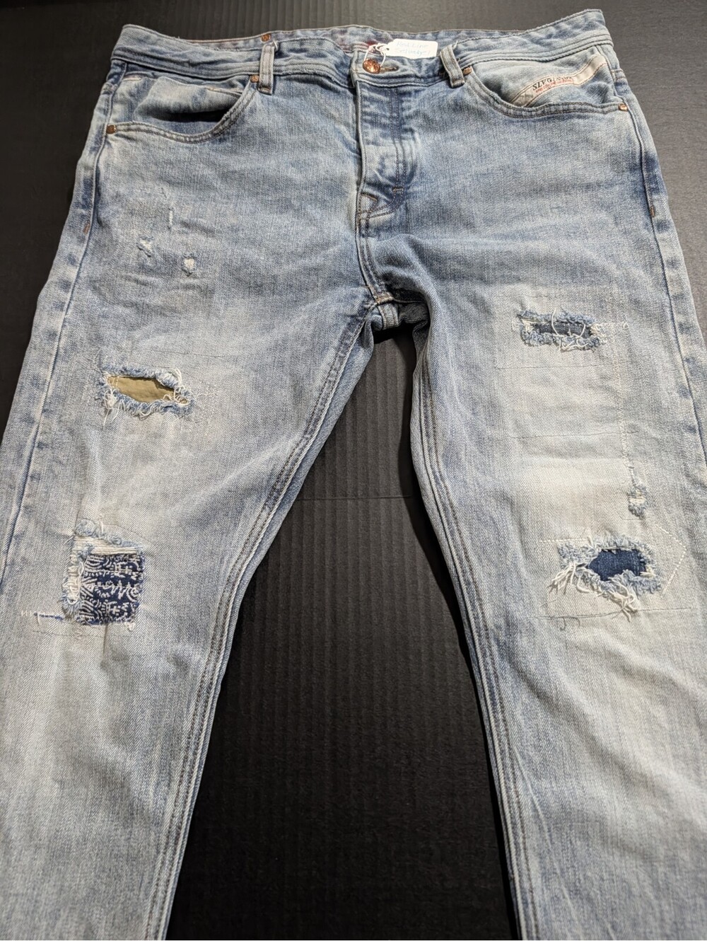 Anom Selvedge Jeans Men’s 38 x 32 Distressed Slim Fit Stretch Button Fly Blue